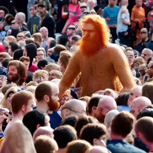 Image similar to a 7 foot tall, ginger, balding man walking among the crowd