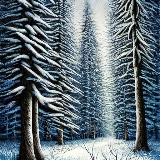 Prompt: Sharp icy frozen forest. Highly Detailed. Masterpiece. By Jeffrey Smith