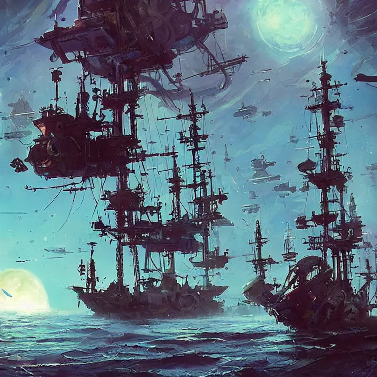 Prompt: pirate ship in space, sci-fi concept art, by * Simon Stålenhag, by John Berkey, highly detailed