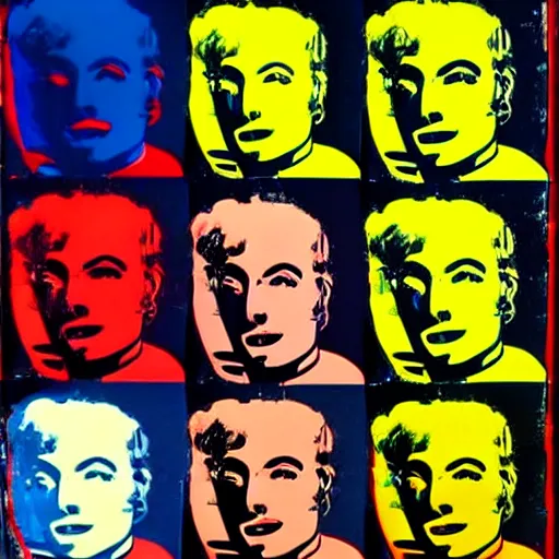 Image similar to androids, panels, primary colors, robot lithography, gynoids by warhol, cyborgs in the style of andy warhol