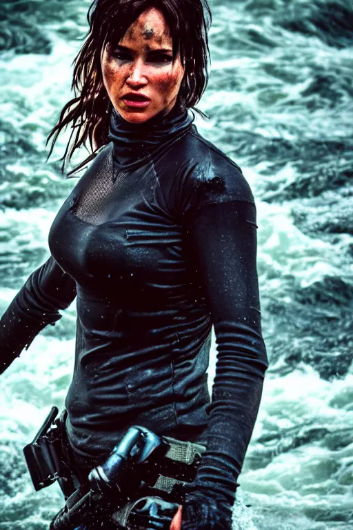 Prompt: cinestill 5 0 d candid action photographic portrait by quentin tarantino of lara croft wearing rugged black mesh techwear in treacherous waters, extreme closeup, modern cyberpunk retrofuturism moody emotional cinematic, pouring iridescent rain, 8 k, hd, high resolution, 3 5 mm, f / 3 2, motion blur, ultra realistic faces, ex machina 8 k