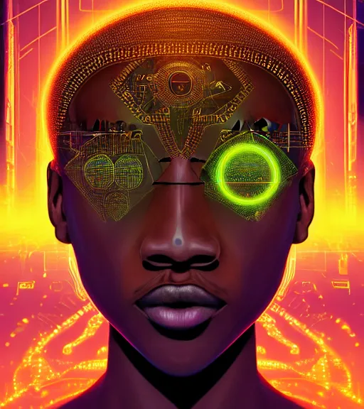 Image similar to symmetry!! african prince of technology, solid cube of light, hard edges, product render retro - futuristic poster scifi, lasers and neon circuits, brown skin man african prince, intricate, elegant, highly detailed, digital painting, artstation, concept art, smooth, sharp focus, illustration, dreamlike, art by artgerm