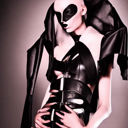 Image similar to fashion photography of an extraterrestrial model, wearing a black mask, wearing demobaza fashion, inside berghain, berlin fashion, harness, futuristic fashion, dark minimal outfit, photo 3 5 mm leica, hyperdetail, berghain, 8 k, very detailed, photo by nick knight