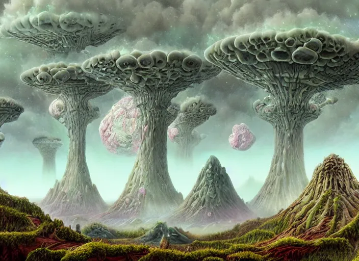 Image similar to a alien world with fungus mountains, cadmium trees, raining krypton, lowbrow, matte painting, 3 - d highly detailed, in the style of mark ryden,