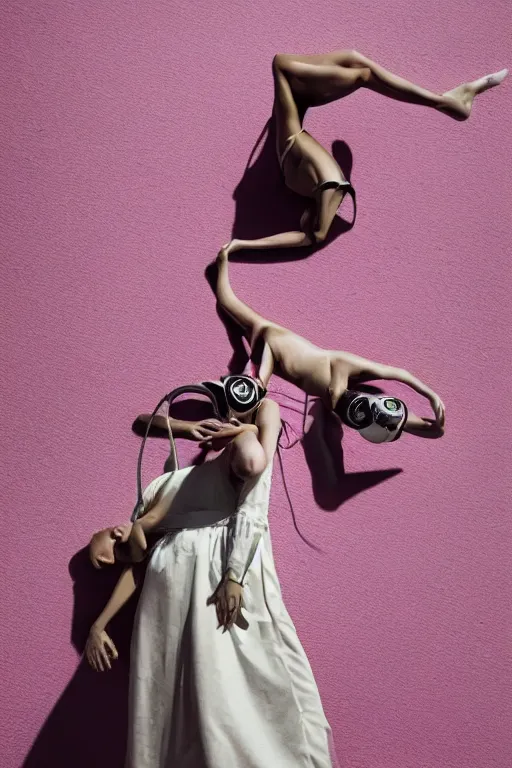 Image similar to a surreal portrait of intertwined and contorted figures wearing gas mask next to a pink wall in the style of brooke didonato, editorial fashion photography from vogue magazine, full shot, nikon d 8 1 0, ƒ / 2. 5, focal length : 8 5. 0 mm, exposure time : 1 / 8 0 0, iso : 2 0 0