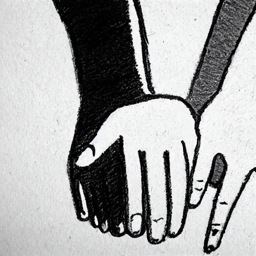 Prompt: two people holding hands, crayon doodle, grainy white paper background