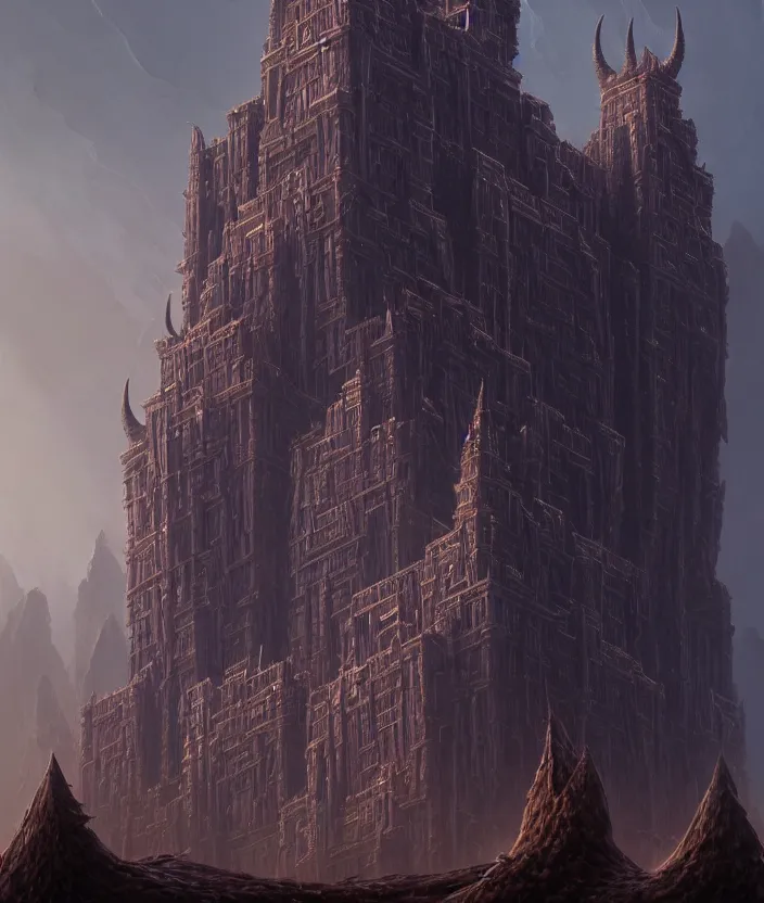 Image similar to a detailed illustration of an imposing evil obsidian fortress with spiked towers, by moebius and tyler edlin and lee madgwick, trending on artstation, digital art, 4 k resolution, detailed, beautiful render, octane render, high quality, sharp focus, hq artwork, coherent, insane detail, concept art