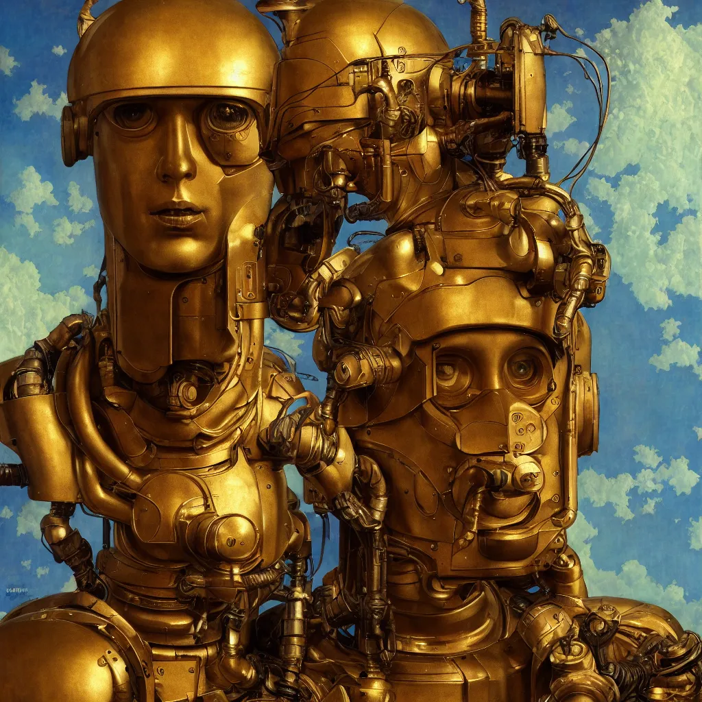 Prompt: cinematic bust portrait of futuristic god robot, part by Norman Rockwell, part by maxfield parrish, part by Mattias Adolfsson, high angle,, detailed, (((volumetric lighting))), oil on canvas, HD, HDR, 4K, 8K , nice colors