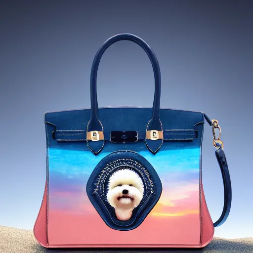 Image similar to a closeup photorealistic photograph of a smiling bichon frise peeking out of a Hermes handbag at the beach during sunset This 4K HD image is Trending on Artstation, featured on Behance, well-rendered, extra crisp, features intricate detail and the style of Unreal Engine.