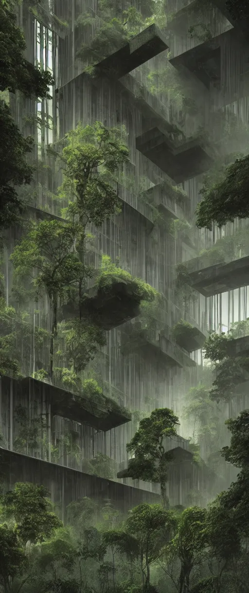 Image similar to brutalist architecture inspired by louis kahn deep in the rainforest. nature is taking over. matte painting by thu berchs. concept art. color scheme dark green and dark yellow. mist. cinematic.