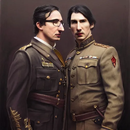 Prompt: a portrait of john oliver standing next to adam driver, stoic, military uniform, fantasy, intricate, elegant, beautiful, highly detailed, charcoal, centered, dark, smokey, digital painting, artstation, concept art, smooth, sharp focus, illustration, art by artgerm and greg rutkowski and alphonse mucha