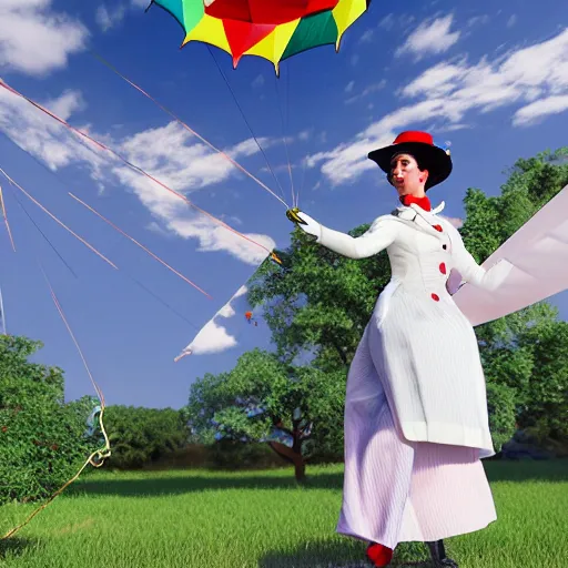 Image similar to mary poppins holding a two - line mattress kite being blown to the sky by the strong wind. 3 d octane render