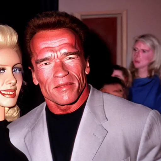 Prompt: arnold schwarzenegger is being attacked by a broken female alien sexbot