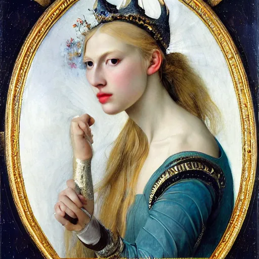 Image similar to a detailed portrait of a blonde haired blue eyed queen of glitter with an antler crown by edgar maxence and caravaggio and michael whelan and delacroix