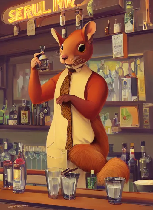 Prompt: squirrel anthro as a dapper bartender with a big, fluffy tail, retro futurism, art deco, detailed, painterly digital art by WLOP and Cory Loftis and Hans Baluschek, 🐿🍸🍋, furaffinity, trending on artstation