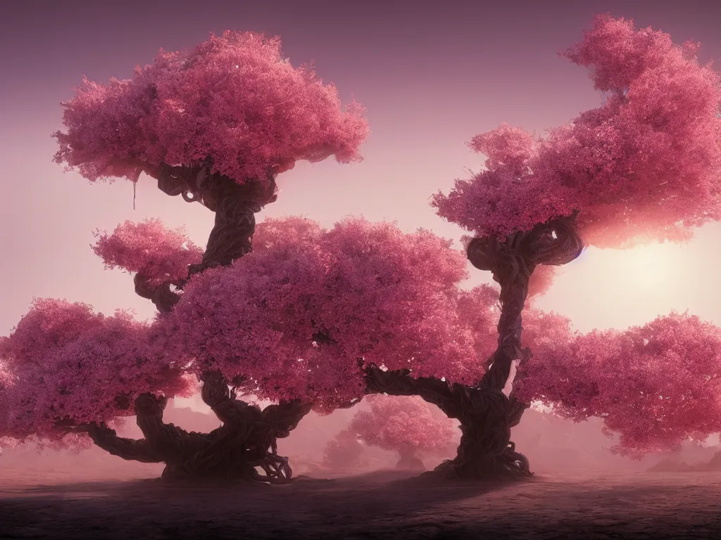 Image similar to a Photorealistic complex hyper detailed hyper realistic rendering of a gigantic eerie knotted tree full of beautiful blossoming pink Sakura flowers in a desert valley with flowers scattered all over the ground at sunset by Craig Mullins,Greg Rutkowski,Beautiful dynamic dramatic dark moody lighting,shadows,volumetric,Cinematic Atmosphere,high surface and silhouette details,Octane Render,8k