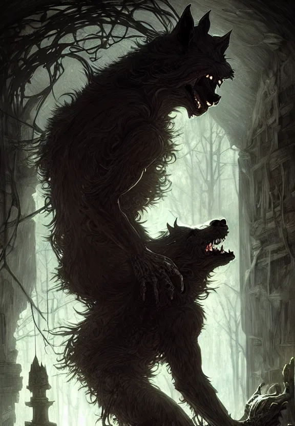 Prompt: Mostrous werewolf chained at a spooky old attic, fantasy magic, dark light night, intricate, elegant, sharp focus, illustration, highly detailed, digital painting, concept art, matte, art by WLOP and Artgerm and Greg Rutkowski and Alphonse Mucha, masterpiece