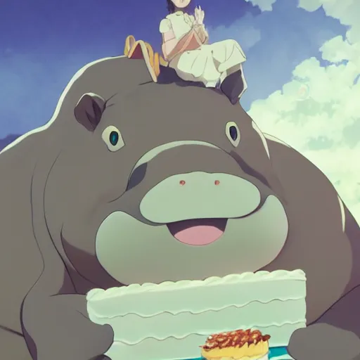 Image similar to a very fat hippo eating cake, illustration concept art anime key visual trending pixiv fanbox by wlop and greg rutkowski and makoto shinkai and studio ghibli and kyoto animation symmetrical facial features