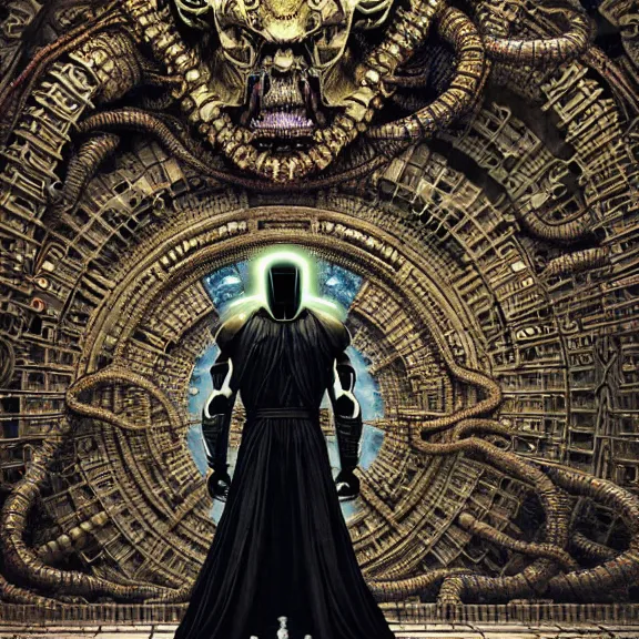 Prompt: symmetric frame of dr doom from Prometheus movie by beksinski, cyborg dr doom in ornate armour, by guo pei and alexander mcqueen metal couture editorial, eldritch epic monumental wallpaper by beksinski by Yuko Shimizu