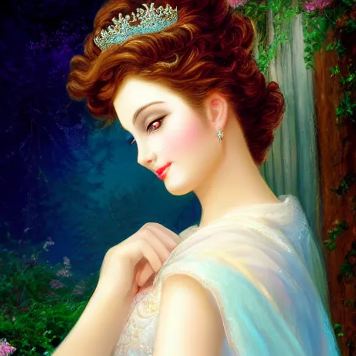 Prompt: beauty princess with aquiline nose by kinkade and zhu