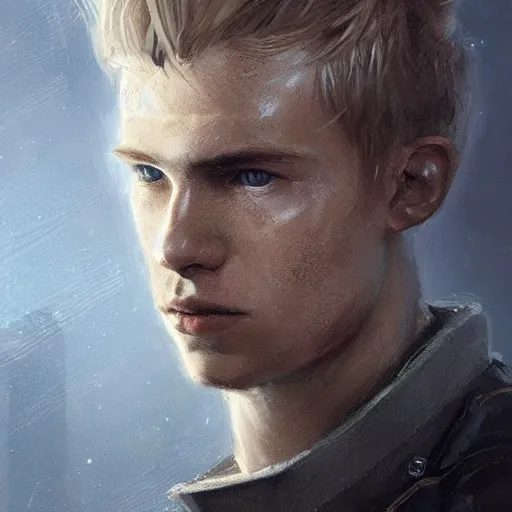 Image similar to Portrait of a man by Greg Rutkowski, he is about 20 years old, norwegian, short blond hair, young, manly, attractive, strong, older brother vibes, he is wearing futuristic military fatigues, highly detailed portrait, scifi, digital painting, artstation, concept art, smooth, sharp foccus ilustration, Artstation HQ