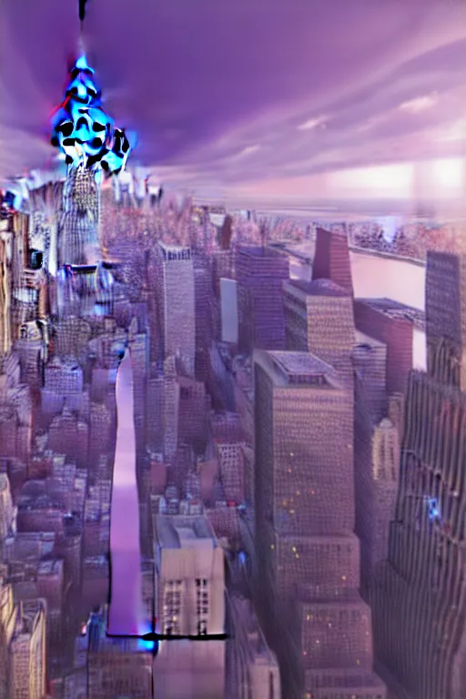 Prompt: a futuristic photo - realistic new york city in shiny crystalline, mirrored buildings : 8, purple lightening : 1 2, octane render, clouds : 5, violet sun : 9, in the style of sahm : 2 8, hd, ultra - realistic, hyper - realistic, digital art,