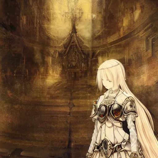 Image similar to yoshitaka amano style blurred and dreamy illustration, renaissance oil portrait, realistic anime girl with white hair and black eyes wearing elden ring style armor with engraving, highly detailed, ruined throne room in the background, strange camera angle, three - quarter view, noisy film grain effect