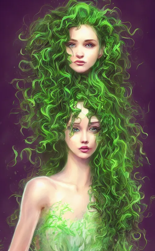 Image similar to a young woman with wild, curly hair and bright green eyes. she's wearing a flowing dress made of light, airy fabric and she has a mischievous look on her face, dynamic lighting, photorealistic fantasy concept art, trending on art station, stunning visuals, creative, cinematic, ultra detailed