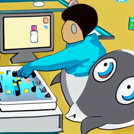 Image similar to A dolphin wearing a chemist outfit playing games on a computer