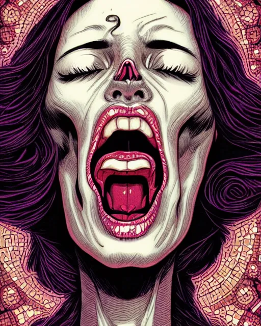 Prompt: comic horror cover art of a beautiful woman screaming in terror, skull mosaic background, illustration by jenny frison and sana takeda, intricate details, stunning inking lines, stunning gradient colors, 4 k, hd, artstation, award winning