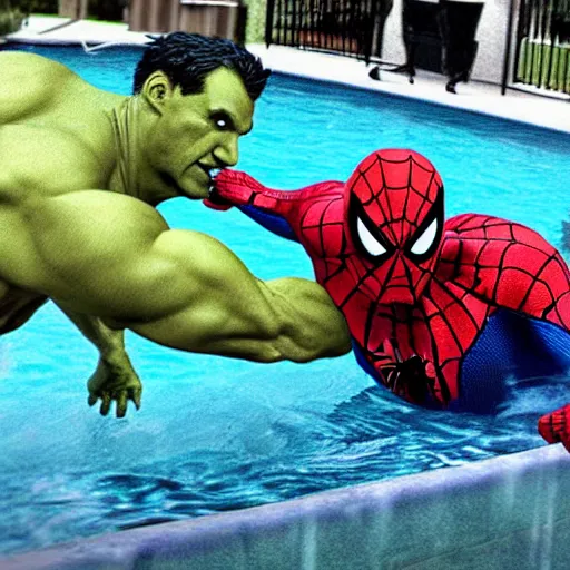 Image similar to spiderman and the halk fighting each other in the pool