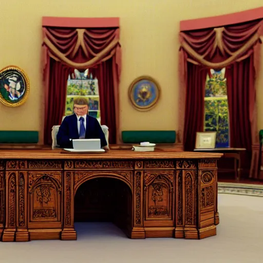 Image similar to cinematic shot of Yung Lean sitting in the desk in the oval office, 8k, very intricate, very detailed,