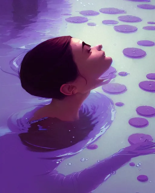 Image similar to hyper - realistic portrait of a woman underwater, water lilies, by atey ghailan, by greg rutkowski, by greg tocchini, by james gilleard, by joe fenton, by kaethe butcher, dynamic lighting, gradient light purple, brown, blonde cream and white color scheme, grunge aesthetic