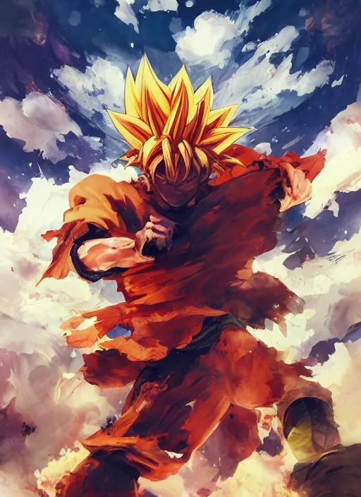 Image similar to semi reallistic gouache gesture painting, by yoshitaka amano, by ruan jia, by Conrad roset, by dofus online artists, detailed anime 3d render of gesture painting of goku KID super Saiyan, young goku blond, Crono, Dragon Quest, crono, goku, portrait, cgsociety, artstation, rococo mechanical, Digital reality, sf5 ink style, dieselpunk atmosphere, gesture drawn