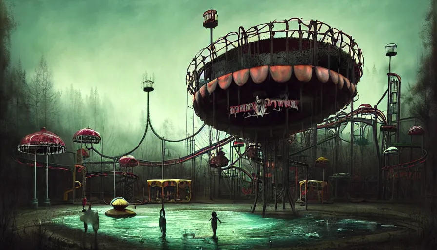 Image similar to michal karcz grunge painting of an amusement park, monster and horror theme. Monster-themed Frisbee ride, detailed, elegant, intricate, 4k,