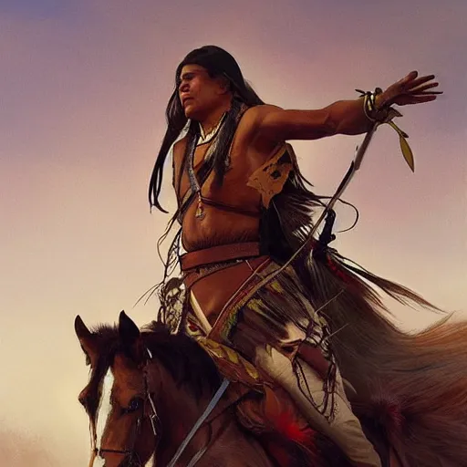 Image similar to native American on a horse during hunt, highly detailed, digital painting, cgsociety , concept art, sharp focus, illustration, art by artgerm and greg rutkowski and alphonse mucha