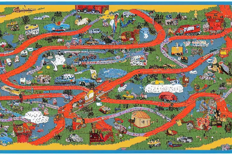 Prompt: an elaborate kids road map carpet rug, detailed, penned illustrations, by wes anderson and geoff darrow!!!!!