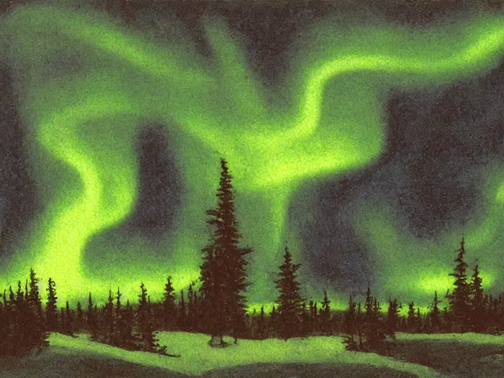 Image similar to northern lights in the art style of Theodor Kittelsen