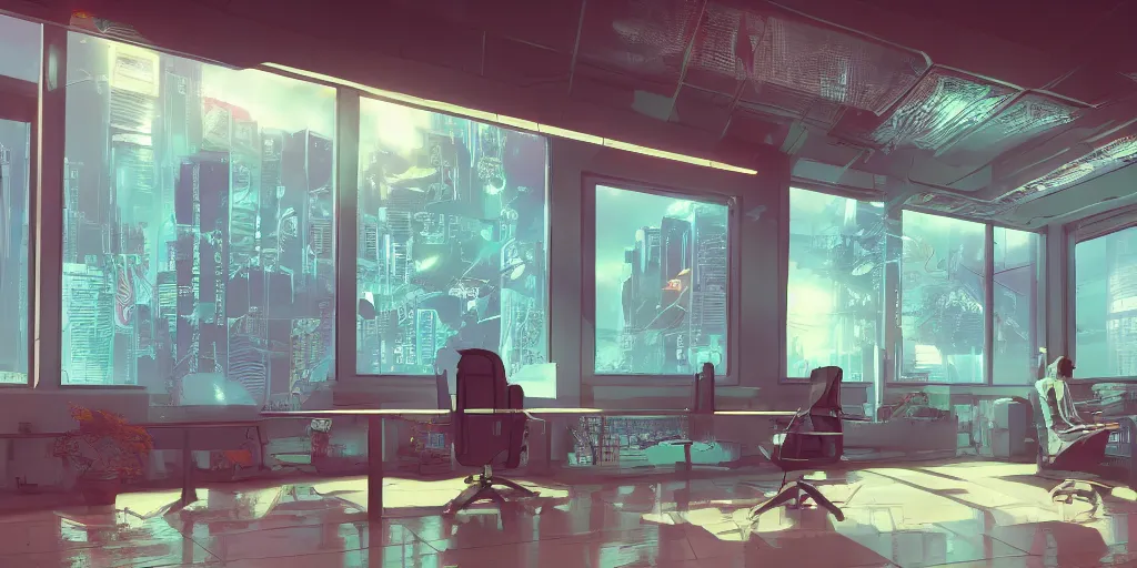 Image similar to interior shot of a neon office cinematic shot with windows overlooking a nuclear explosion cyberpunk, hyper detailed, artstation, 8k