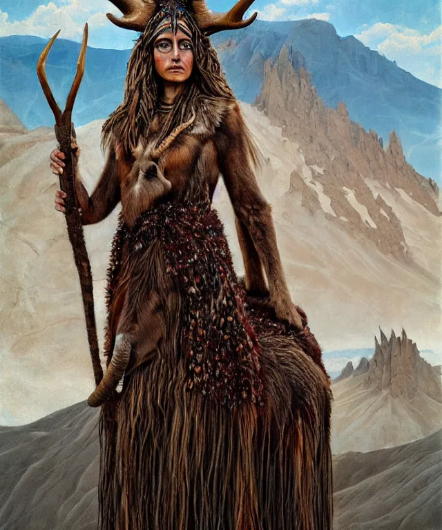 Image similar to a detailed horned antelopewoman stands among the mountains. wearing a ripped mantle, robe. perfect faces, extremely high details, realistic, fantasy art, solo, masterpiece, soft cimematic colors and lighting, art by daniel e. greene, zoey frank, vincent desiderio, hermann nitsch