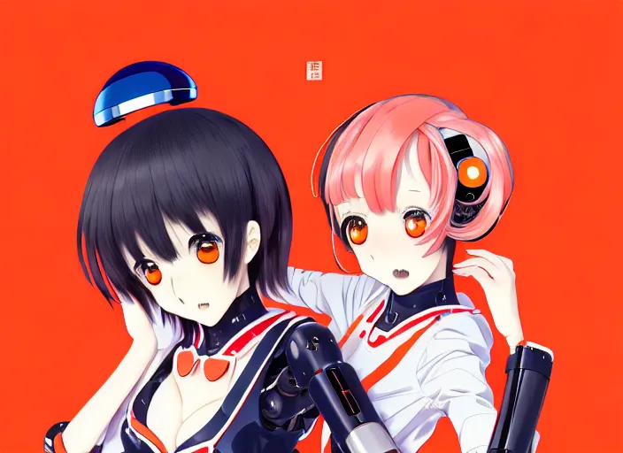 Prompt: anime girl with her robot friend,Karolis Strautniekas, yoshitoshi abe, haruhiko mikimoto, tsuruta kenji, murata range,kawaii, kyoto animation, manga, intricate, detailed, studio lighting, orange red black white, gradation,editorial illustration, matte print, Ilya Kuvshinov