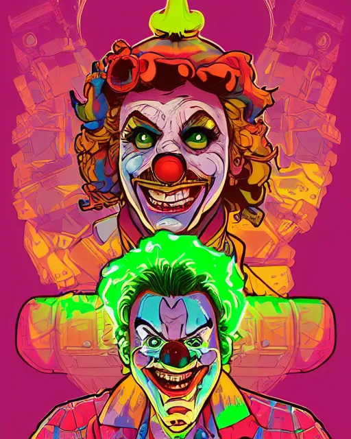 Image similar to a portrait of a clown, video game vector cutout illustration vivid multicolor borderlands comics by josan gonzales and dan mumford radiating a glowing aura