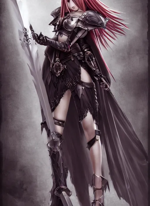 Image similar to full - body portrait, female vampire knight holding a large greatsword, lean, muscular, bat wings, roman gladiator sandals, historical heavy plate armor, metal mask, enchanting, elegant, seductive smile, ghostblade, wlop, modern fantasy, realistic proportions, modest clothing.