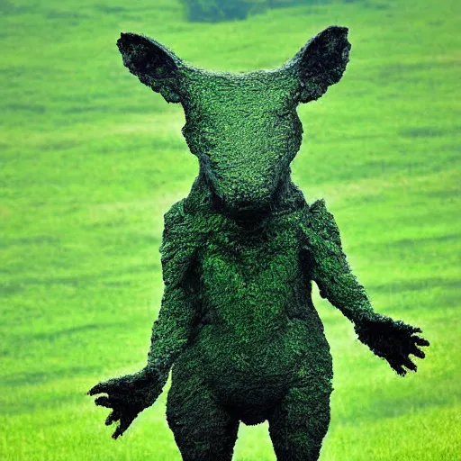 Image similar to A glitchy animal like creature standing in a lush green field, photograph, 2010 photograph, eerie