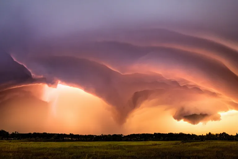 Prompt: a photo of a supercell thunderstorm, illuminated from various angles by the setting sun, cinematic