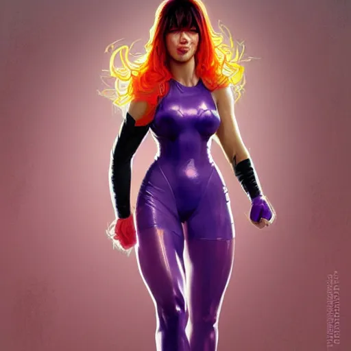 Image similar to full figure ultra realistic illustration, extremely tall female wrestler with orange hair with bangs wearing a purple costume, intricate, elegant, highly detailed, digital painting, artstation, concept art, smooth, sharp focus, illustration, art by artgerm and greg rutkowski and alphonse mucha