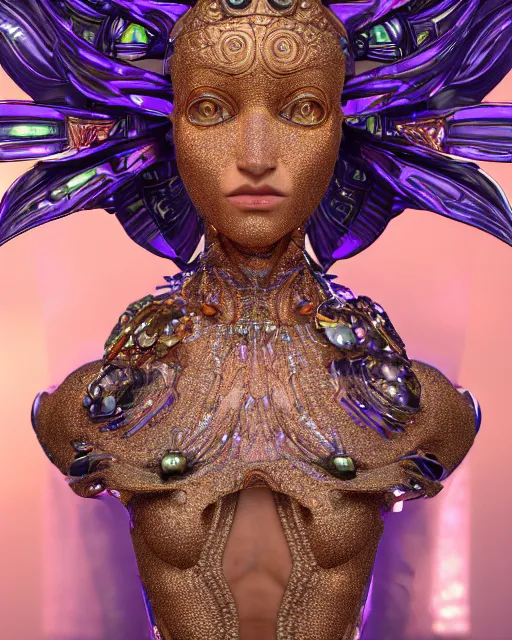 Image similar to a highly detailed metahuman 4 k close up render of an alien goddess bella hadid monument demon in iris van herpen dress schiaparelli in diamonds crystals swarovski and jewelry iridescent in style of alphonse mucha gustav klimt trending on artstation made in unreal engine 4