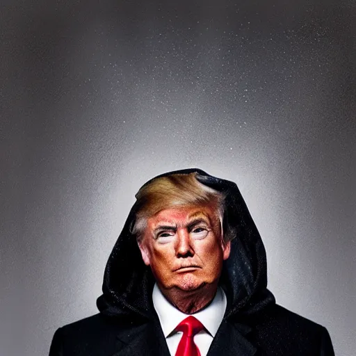 Prompt: donald trump wearing hood, ( eos 5 ds r, iso 1 0 0, f / 8, 1 / 1 2 5, 8 4 mm, postprocessed, crisp face, facial features ), art by greg rutkowski