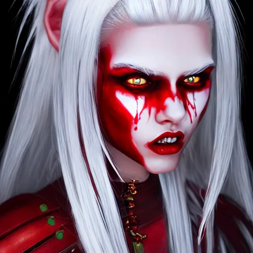 Image similar to a highly detailed portrait of a humanoid demon girl with white hair, red horns, in white clothes, artstation, deviantart, professional, unreal engine 5, photorealistic