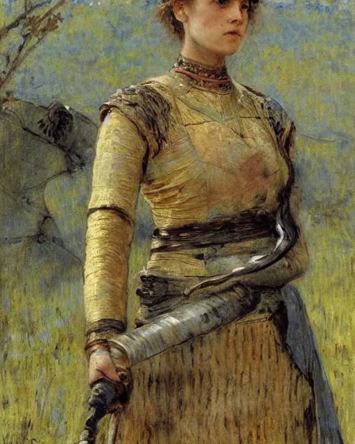 Image similar to a beautiful and strong female warrior by Jules Bastien-Lepage and Laura Sava